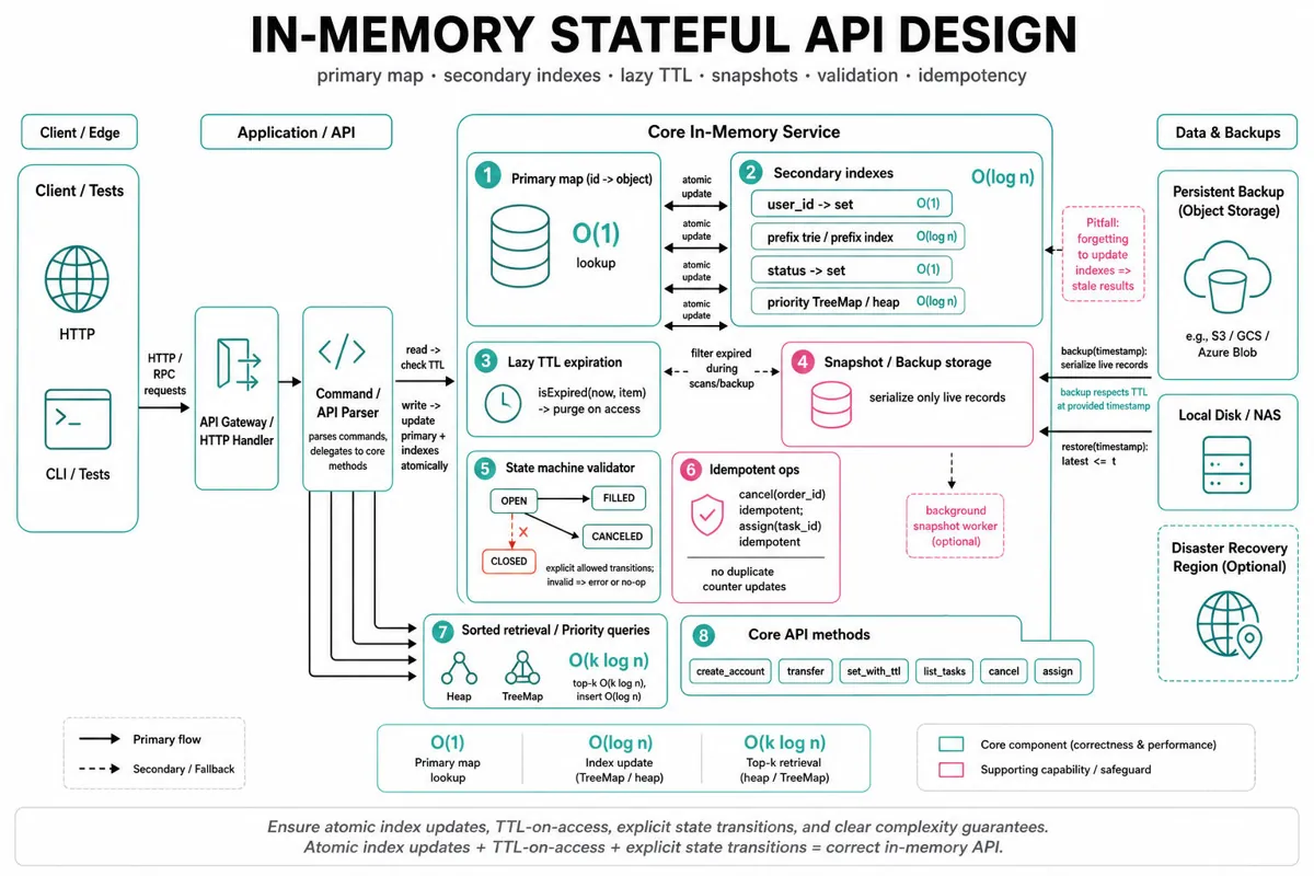 Clean architecture diagram: client -> API/command parser -> core in-memory service with Primary Map and Secondary Indexes, Lazy TTL expiration, Snapshot/Backup, State Machine Validator, Sorted indexes, and arrows showing atomic updates and flows.