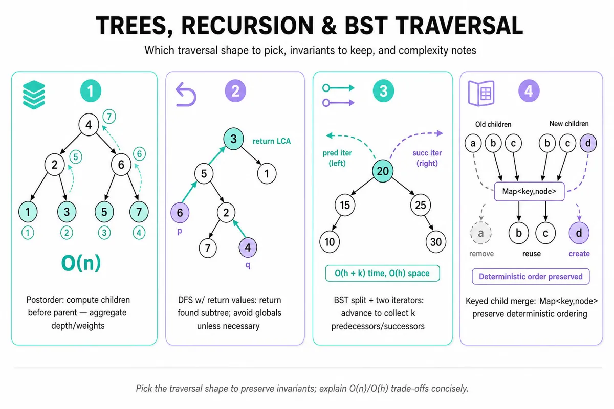 Horizontal 4-frame infographic showing tree algorithm traces: postorder aggregation, DFS-with-return for LCA, BST predecessor/successor iterators, and keyed-child reconciliation merge.
