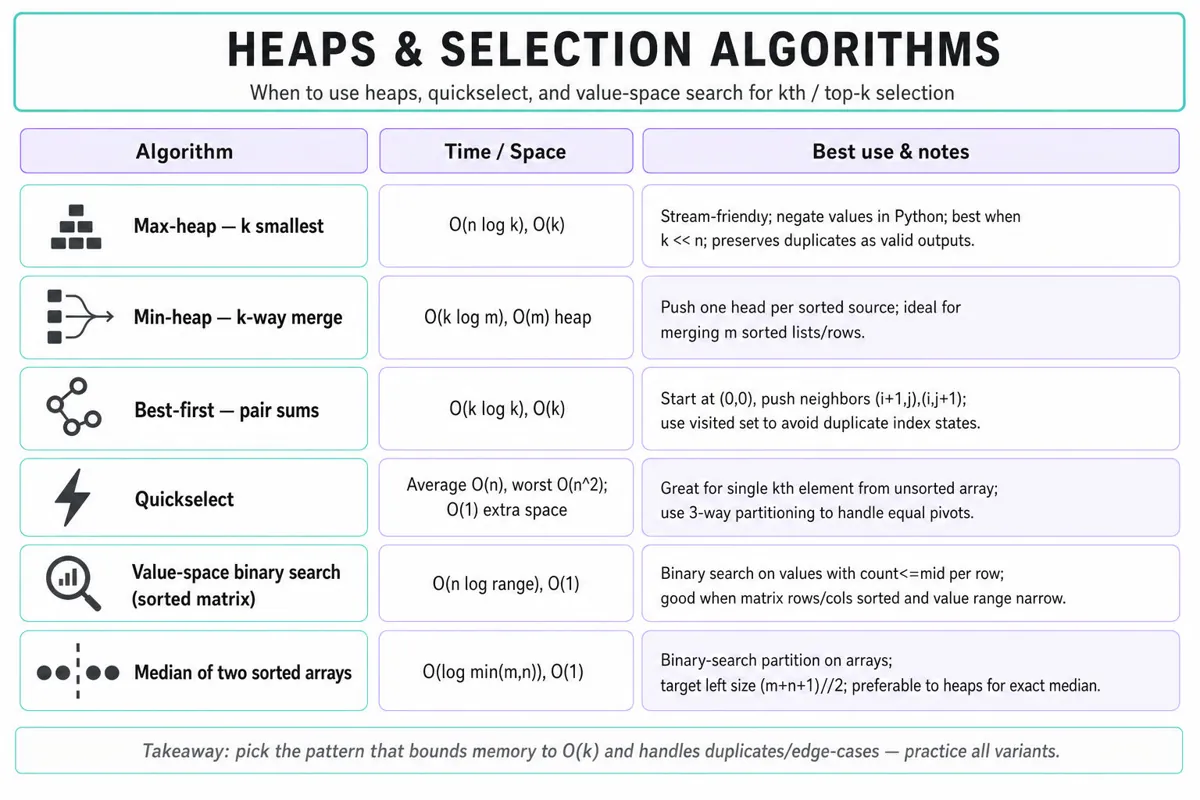 Three-column comparison table of selection algorithms (Max-heap k smallest, Min-heap k-way merge, Best-first pair sums, Quickselect, Value-space binary search for matrix, Median of two sorted arrays) with complexities and notes.