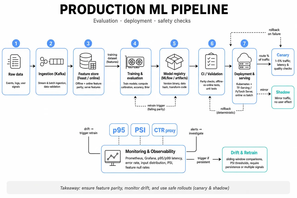 Horizontal editorial infographic of a production ML pipeline from raw data ingestion to serving with stages: feature store, training, model registry, deployment (canary/shadow), monitoring and retraining triggers.
