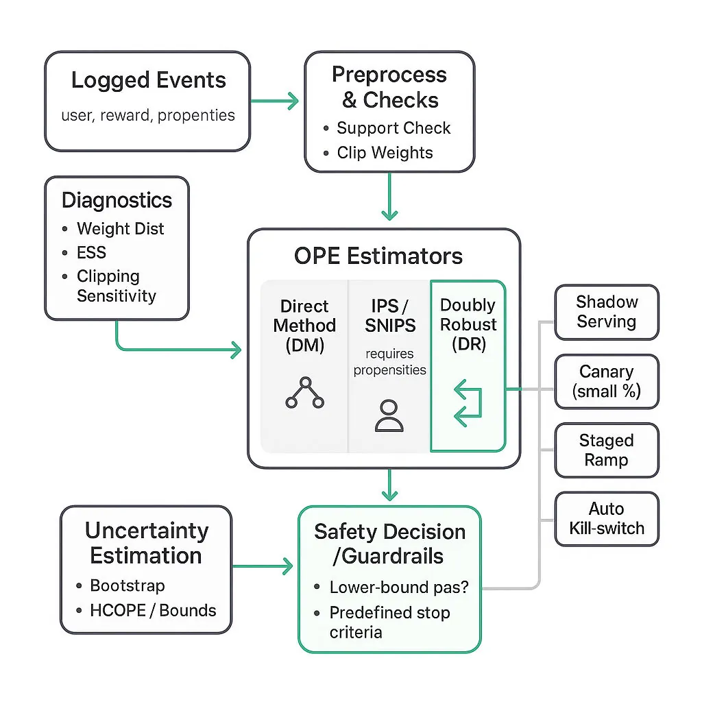 Clean diagram of off-policy evaluation pipeline: logged events → diagnostics → estimators (DM, IPS/SNIPS, Doubly Robust) → uncertainty bounds → guardrails → rollout options (shadow, canary, staged ramp, kill-switch).