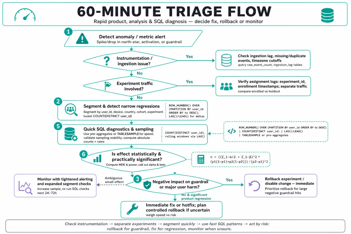 Top-to-bottom flowchart for a 60-minute product + SQL triage: detect anomaly → instrumentation check → experiment check → segmentation & SQL diagnostics → impact decision → rollback / fix / monitor.