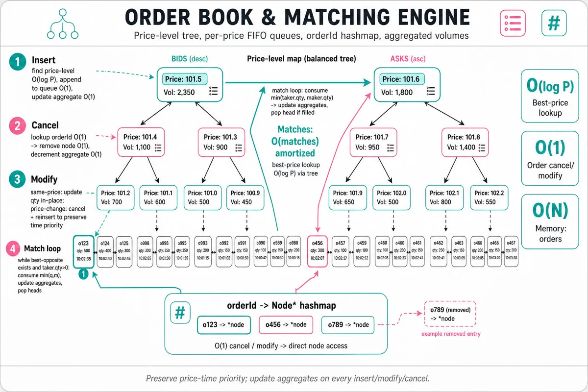Clean infographic showing an order book: balanced price-level map with left bids and right asks, per-price FIFO linked lists of orders, an orderId -> node hashmap pointing into queues, aggregated volume labels, and matching flow highlighted.