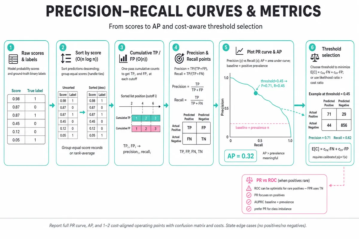Landscape infographic showing a horizontal ML pipeline: raw scores & labels → sort & group ties → cumulative TP/FP → compute precision/recall → PR curve with AP callout → threshold selection with confusion matrix and cost. Teal and pink accents.