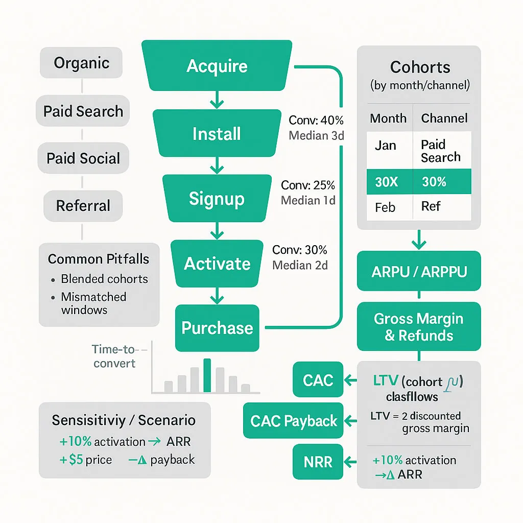 Left-to-right funnel diagram from Acquire → Install → Signup → Activate → Purchase, mapping to cohort cashflows and revenue metrics (ARPU, LTV, CAC payback, sensitivity).