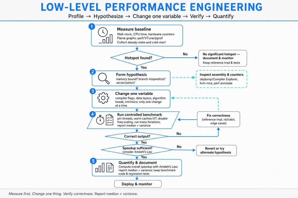 Top-to-bottom flowchart of low-level performance engineering: Measure baseline → Hotspot? → Form hypothesis → Change one variable → Run controlled benchmark → Correct output? → Speedup sufficient? → Quantify & deploy. Dashed side path to inspect assembly.