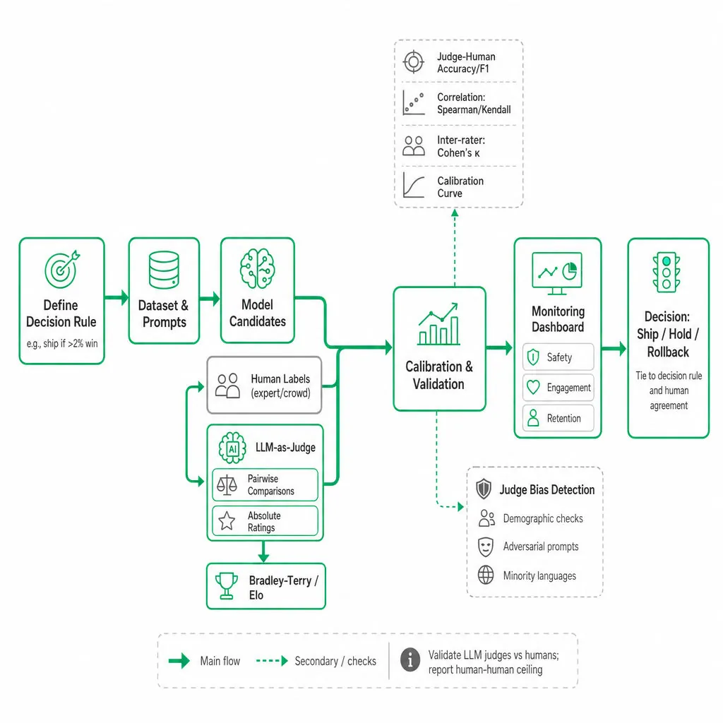 Square diagram of an LLM evaluation pipeline: define decision, dataset, model candidates, human labels and LLM-as-judge, calibration/metrics, bias checks, monitoring, and final decision rule.