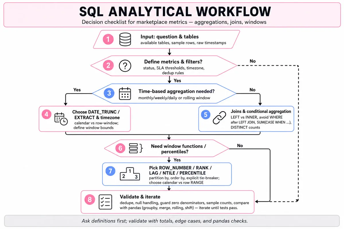 Top-to-bottom decision flowchart for approaching SQL analytical questions: clarify definitions, choose time aggregation, joins/aggregation, windowing/ranking/percentiles, and a final validation/iterate step.