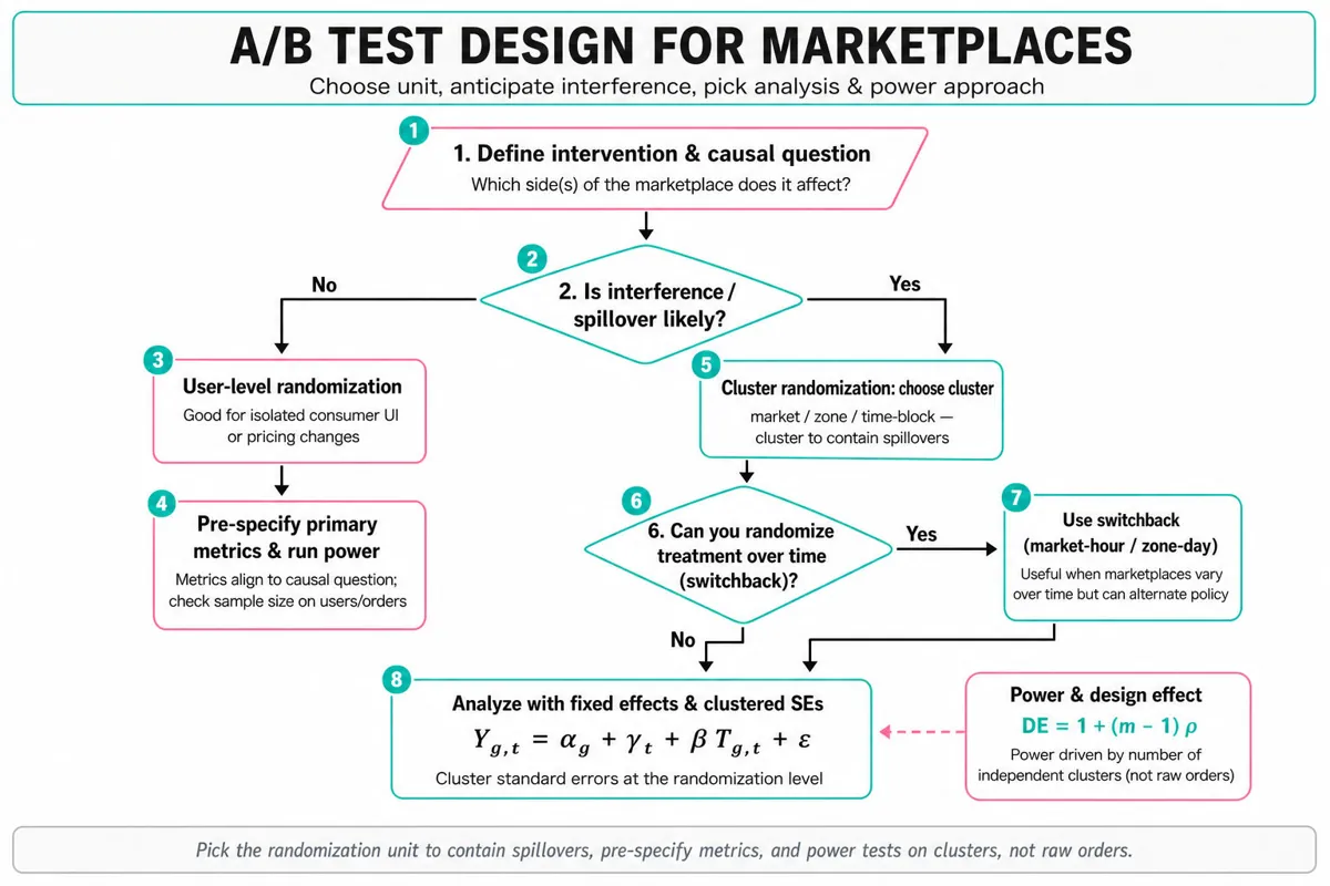 Top-to-bottom decision flowchart for A/B test design in two-sided marketplaces: define question, ask about interference, choose user-level or cluster randomization, consider switchbacks, analysis equation and power (design effect).