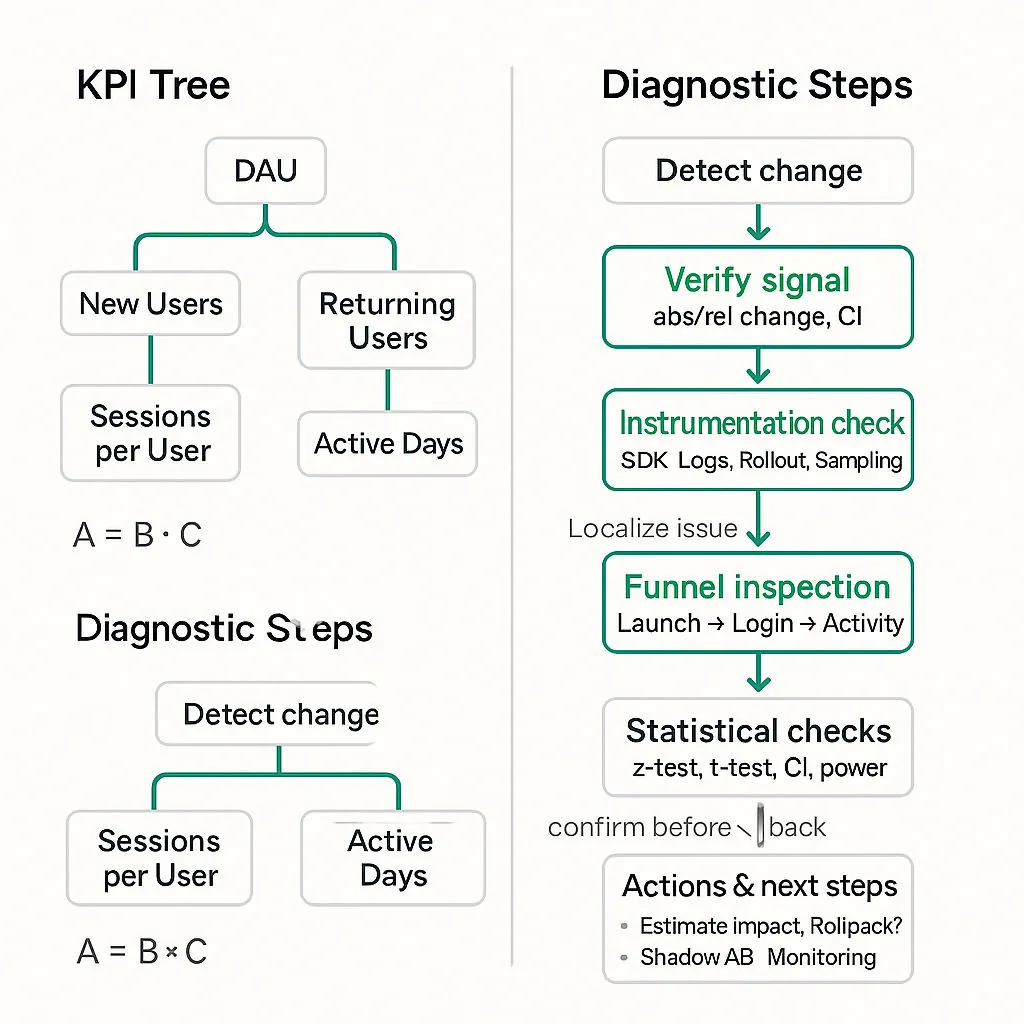 Clean flowchart showing KPI diagnosis steps: detect change, verify signal, instrumentation checks, segmentation, funnel inspection, causal checks, and actions; includes a KPI decomposition tree and segment boxes.