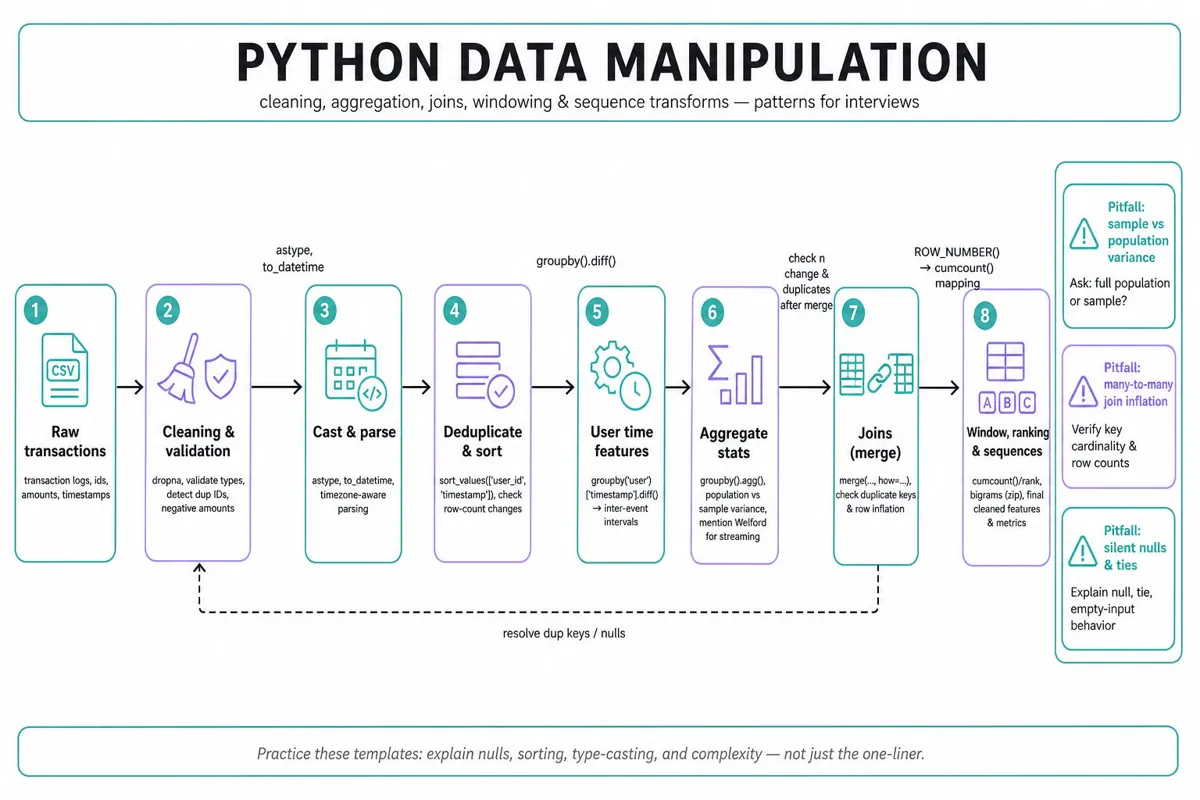 Horizontal editorial infographic pipeline showing stages for Python data manipulation: raw transactions → cleaning/validation → type casting & datetime → feature engineering → aggregations (variance/Welford) → joins (merge checks) → window/ranking → sequence transforms → cleaned features & metrics.