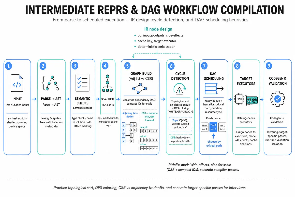 Horizontal compiler-style pipeline from input tests to validation, showing stages: parse, AST, semantic checks, SSA-like IR, graph build (adjacency vs CSR inset), cycle detection (topo + DFS), scheduling (ready queue, critical path), executors, and validation. Clean editorial infographic.