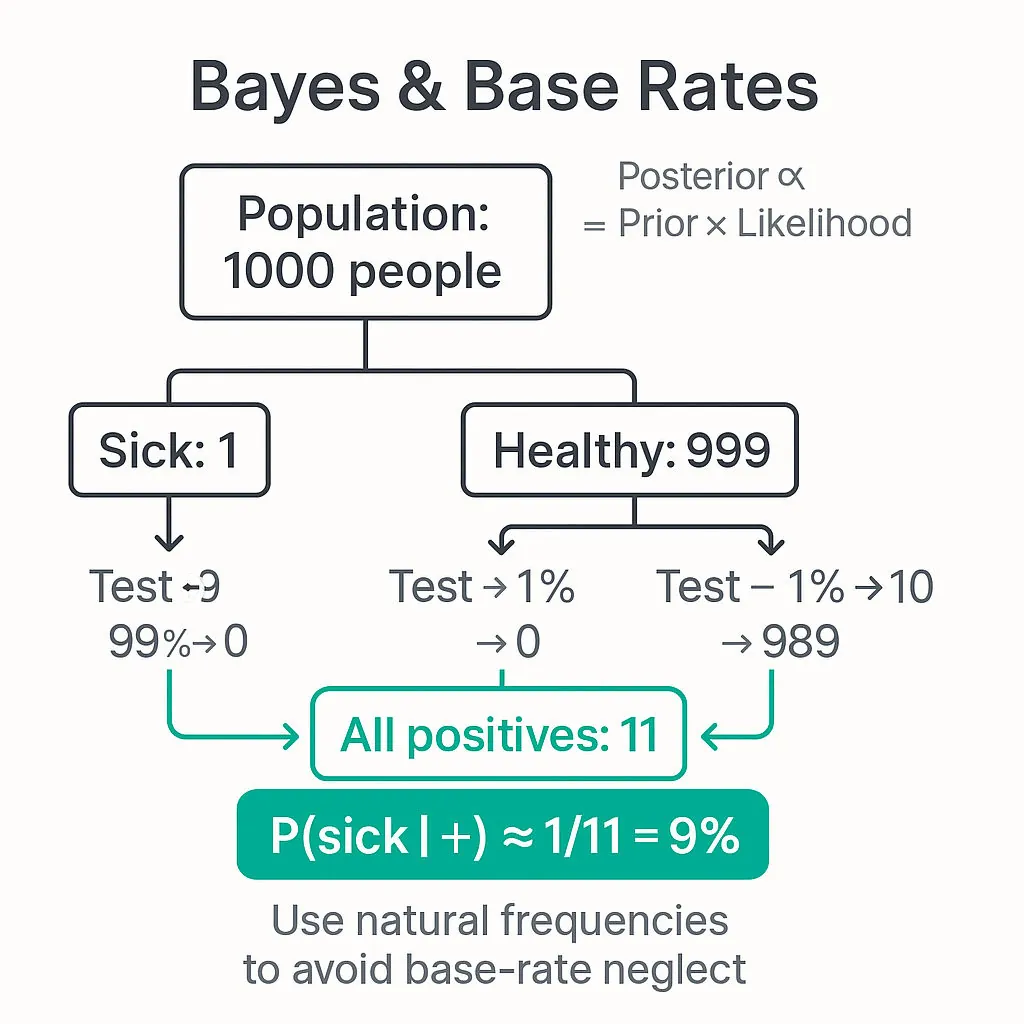 Natural-frequency tree for Bayes rule: 1000 people split to Sick (1) and Healthy (999), test positives/negatives with numbers, showing P(sick | positive) ≈ 9% highlighted in emerald green.