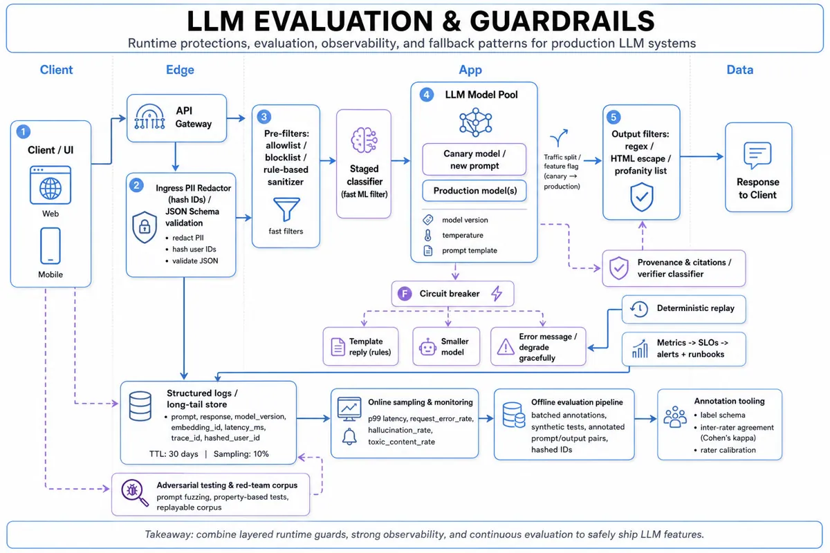 Layered architecture diagram showing client → edge → app → data for LLM evaluation and guardrails: input validation, staged filters, LLM model pool with canary, output filters, fallback paths, logging, offline/online evaluation, monitoring and alerts.