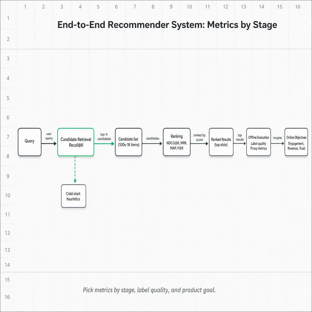 Horizontal pipeline diagram showing Query -> Candidate Retrieval (Recall@K highlighted) -> Candidate Set -> Ranking (NDCG, MRR, MAP, P@K) -> Offline Eval -> Online objectives.