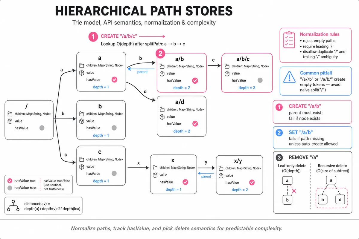 Labelled trie node diagram for a hierarchical path store: nodes with children maps, value & hasValue flags, parent pointers and depth, highlighted path, and small API rule cards.
