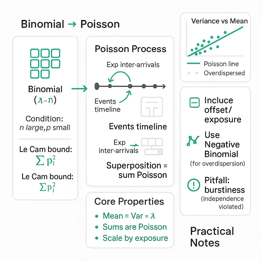Clean diagram comparing Binomial→Poisson approximation, a Poisson process timeline with exponential inter-arrivals, core properties (mean=var, thinning, superposition, Le Cam bound), and practical notes on overdispersion and exposure.