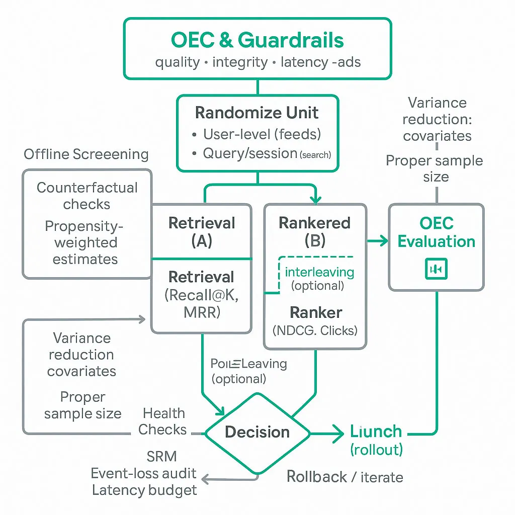 Flowchart of A/B test for retrieval and ranking: OEC setup, traffic randomization to Control and Treatment, retrieval and ranker blocks, interleaving option, metric collection, offline checks and health checks, decision node.