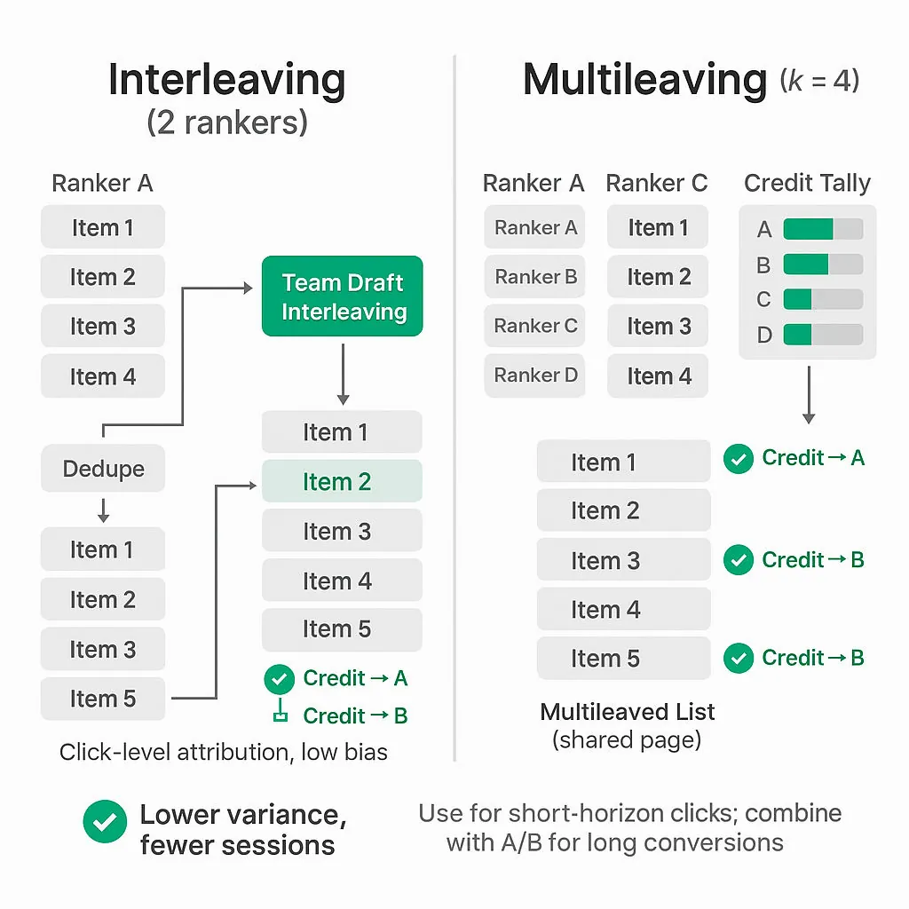 Clean diagram showing Team Draft Interleaving (2 rankers merged, clicks attributed) and Team Draft Multileaving (k=4 rankers, credit tally), with dedupe step and result 'lower variance'.