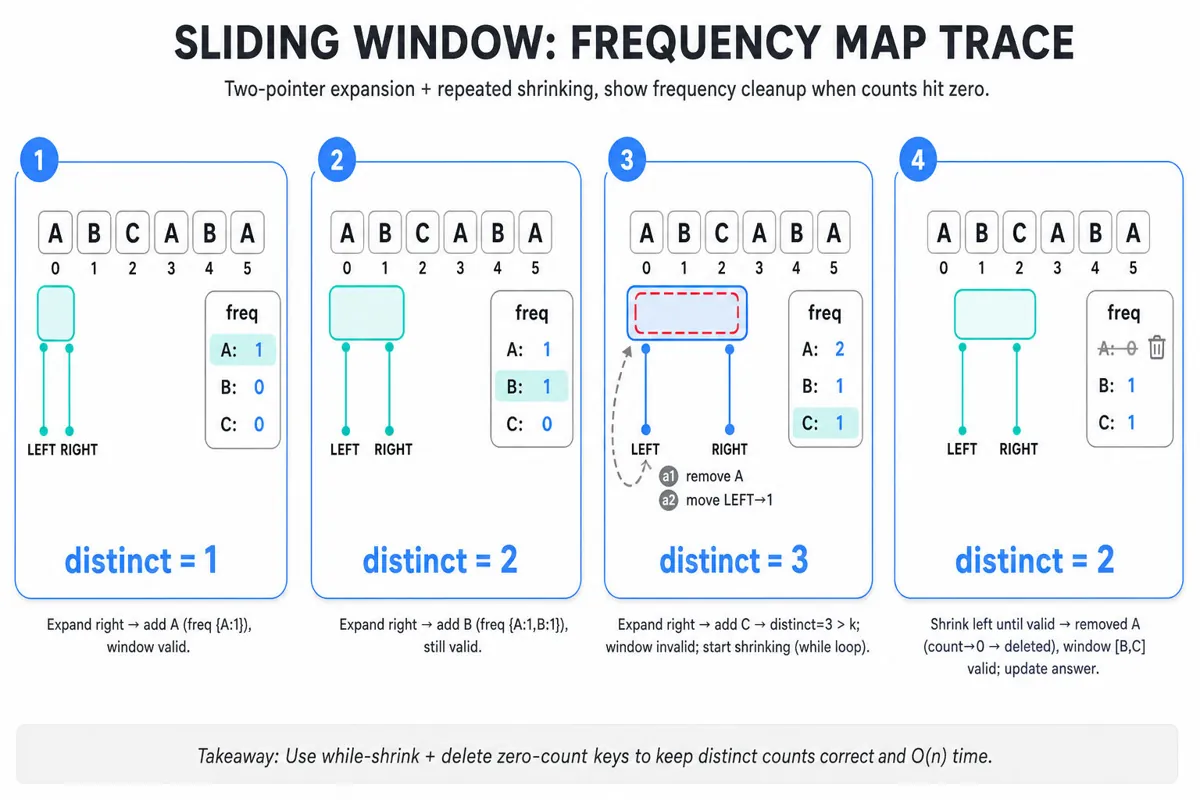 Four-frame horizontal infographic tracing a sliding-window over [A, B, C, A, B, A] with left/right pointers, highlighted window, frequency map counts, a deletion when a count reaches zero, and one-line captions.