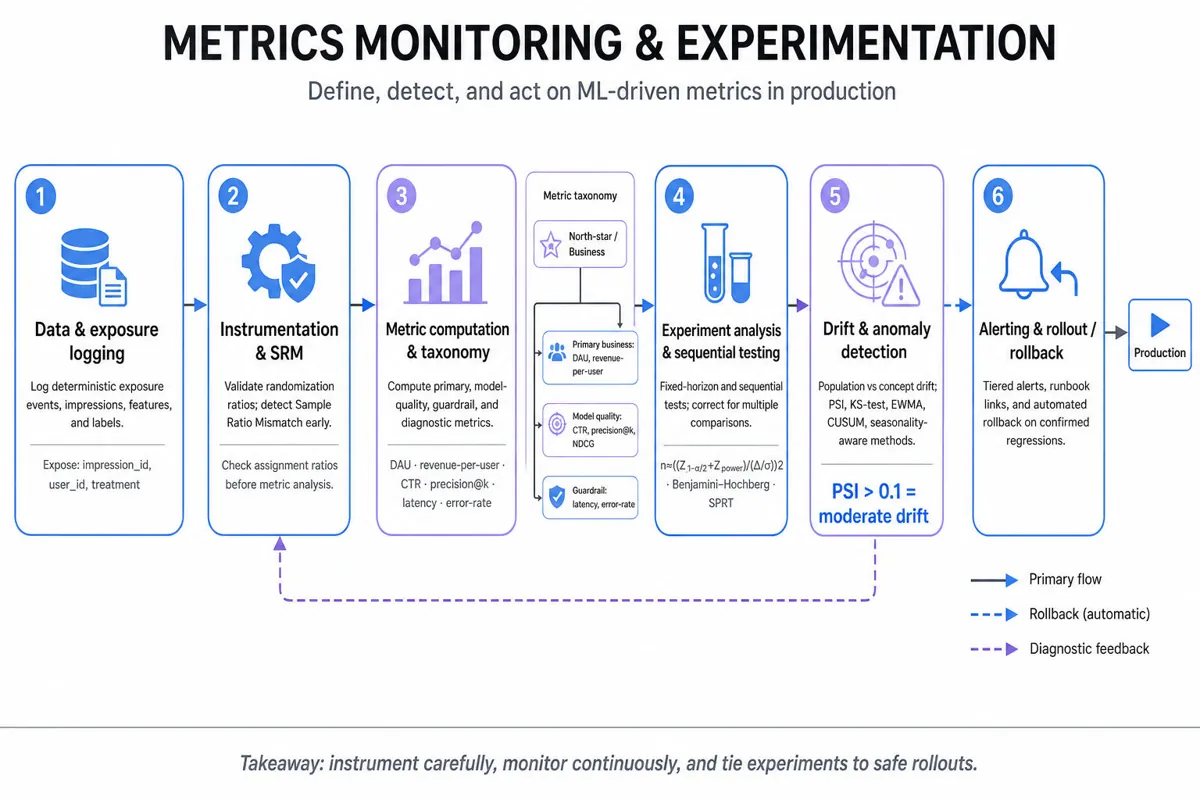 Horizontal pipeline infographic showing stages: Data & exposure logging → Instrumentation & SRM → Metric computation & taxonomy → Experiment analysis & sequential testing → Drift & anomaly detection → Alerting & rollout/rollback. Clean editorial style.