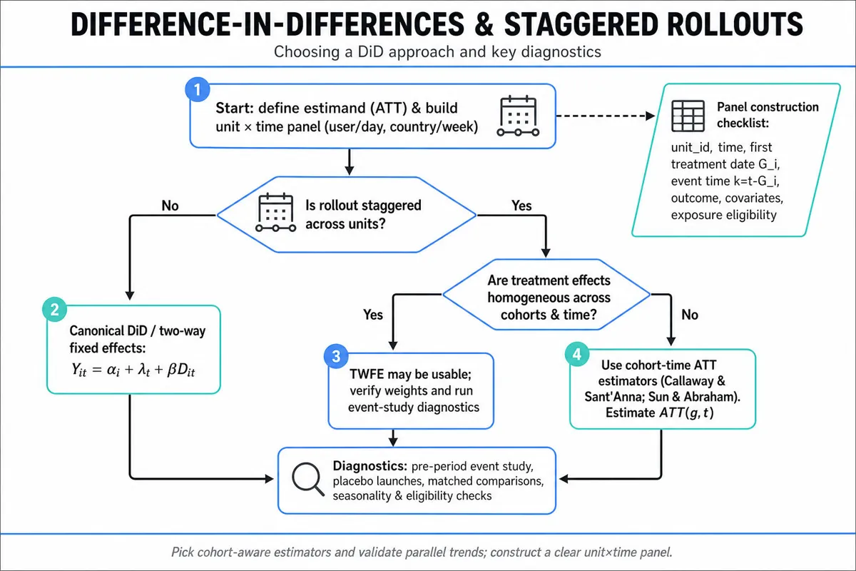 Top-to-bottom flowchart: choose DiD approach (start → is rollout staggered? → are effects homogeneous? → TWFE or cohort-time ATT) with a side panel checklist and diagnostics footer.