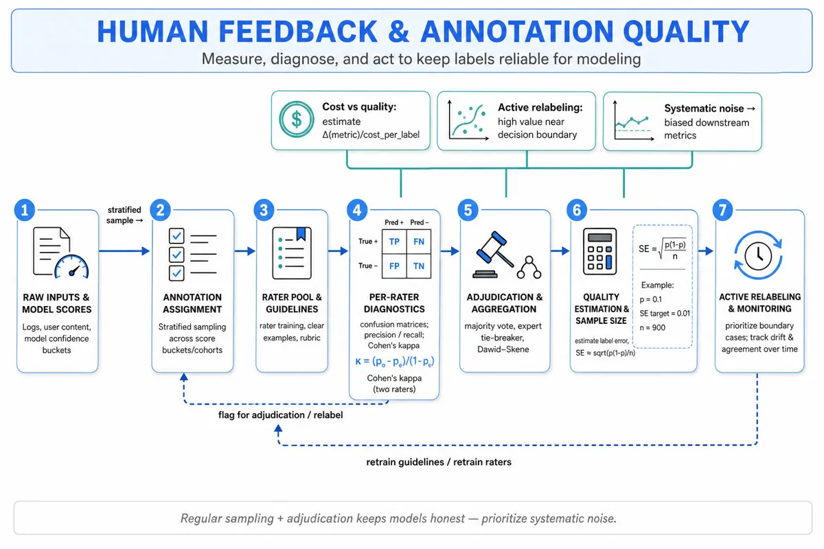 Left-to-right horizontal pipeline showing stages from raw data to monitoring: annotation, per-rater diagnostics, adjudication/aggregation, quality estimation, active relabeling, and drift monitoring.