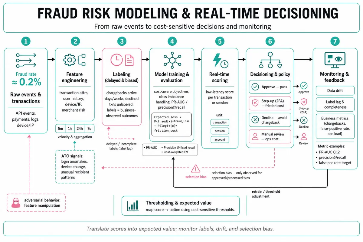 Left-to-right editorial infographic showing an end-to-end fraud risk ML pipeline: raw events → feature engineering (velocity windows) → labeling (delayed/biased) → model training → scoring → decision policy (approve/step-up/decline/review) → monitoring & feedback loop.