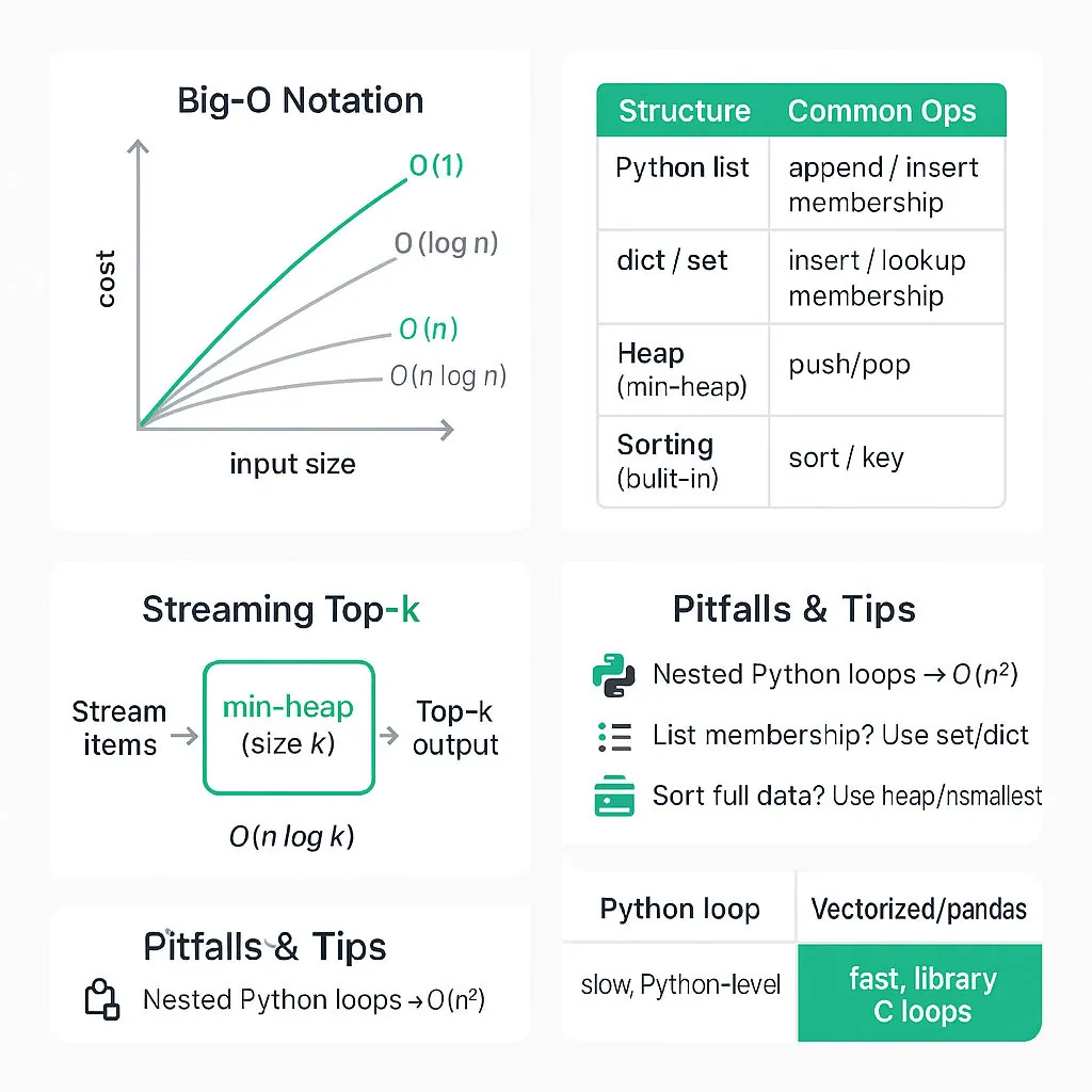 Square educational diagram: Big-O growth curves, Python data-structure complexity table, heap top‑k sketch, and common pitfalls with vectorize vs loops tip.