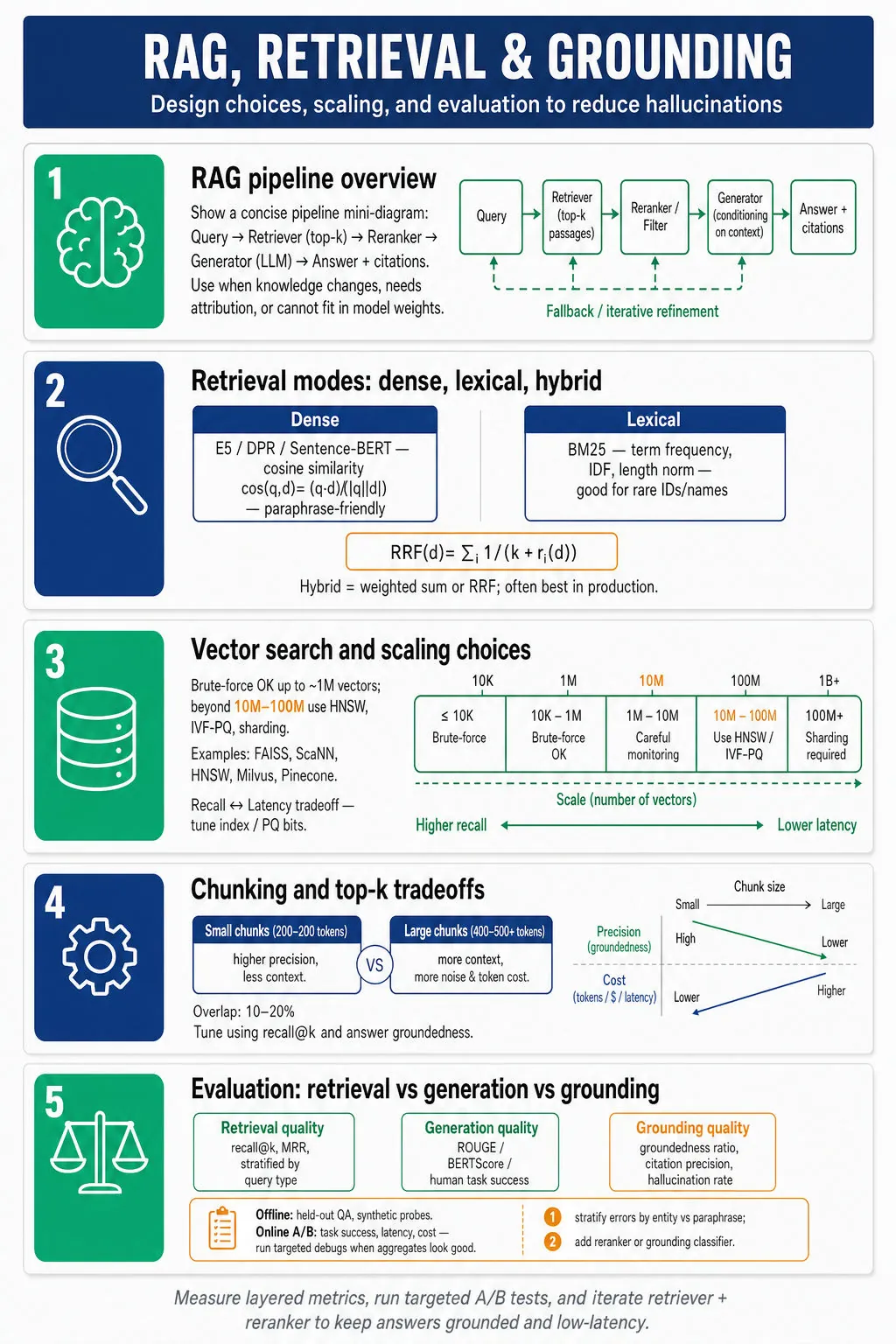 Vertical editorial infographic showing a 5-panel RAG ML pipeline: overview, retrieval modes (dense/lexical/hybrid), ANN scaling, chunking/top-k tradeoffs, and evaluation & diagnostics, with icons and callouts.
