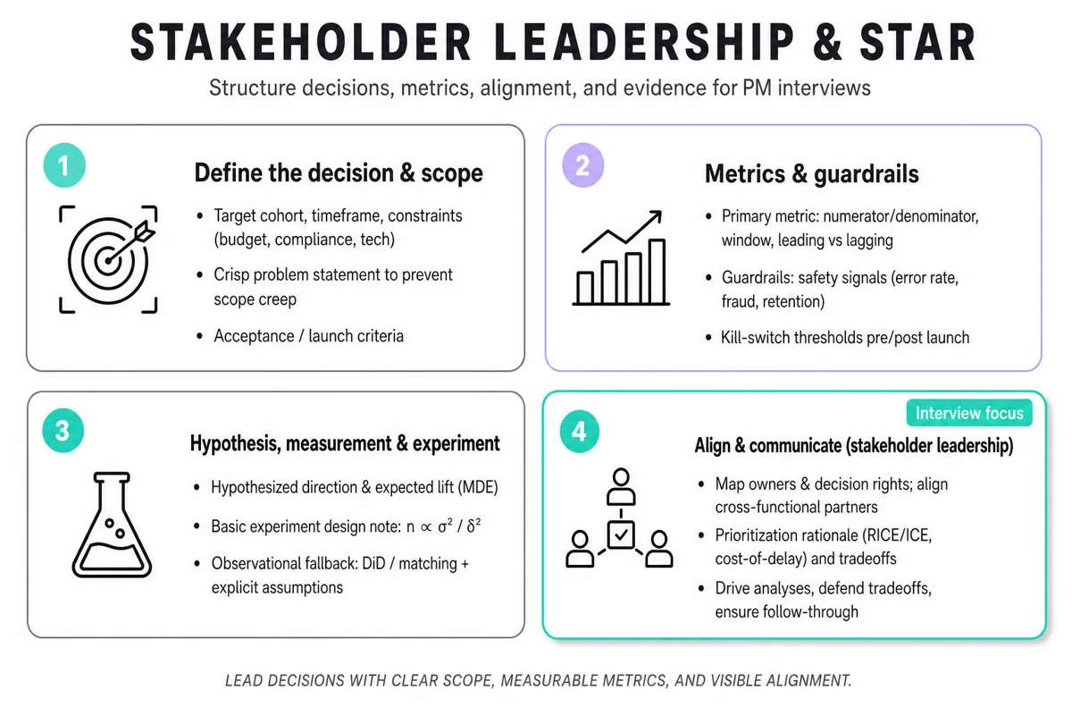 Clean 2x2 framework matrix titled 'Stakeholder Leadership & STAR' with four quadrants: Define decision, Metrics & guardrails, Hypothesis & experiments, Align & communicate (highlighted). Subtitle and footer takeaway.