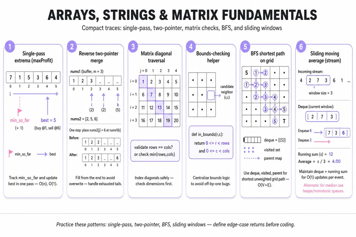 Horizontal 6-frame infographic showing traces: single-pass max profit, reverse two-pointer merge, matrix diagonal check, bounds helper, BFS shortest-path on a grid, and sliding-window moving average—each with one-line caption.