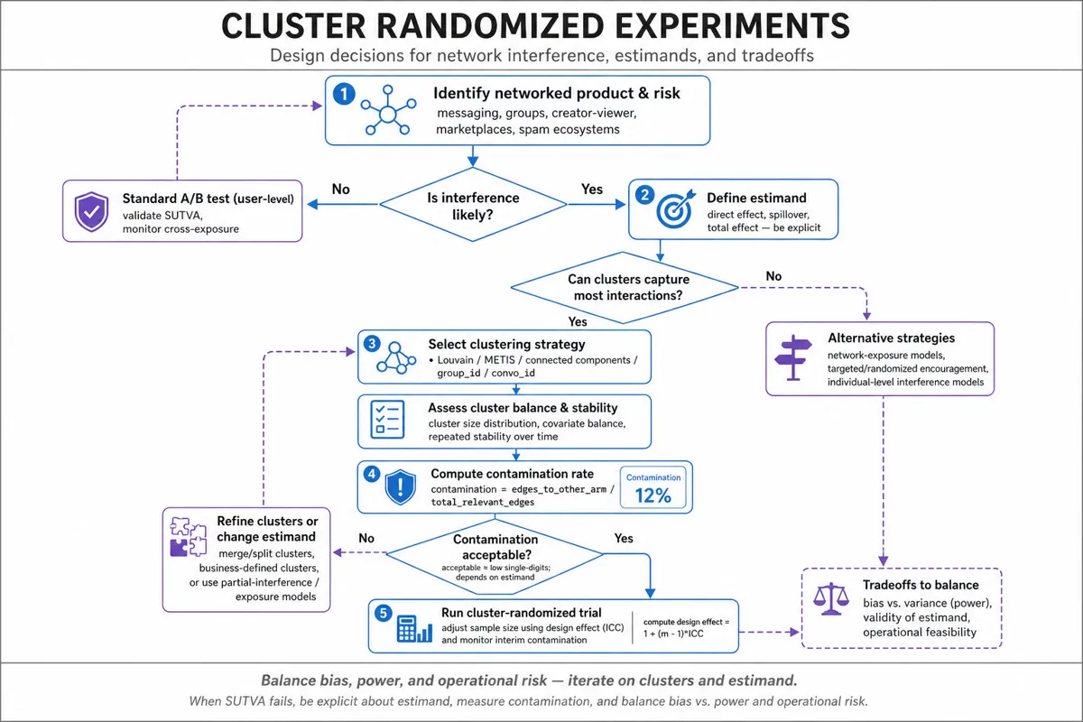 Top-to-bottom decision flowchart for designing cluster-randomized experiments under network interference: detect interference, define estimand, choose clustering, measure contamination, adjust power, and operational safeguards.