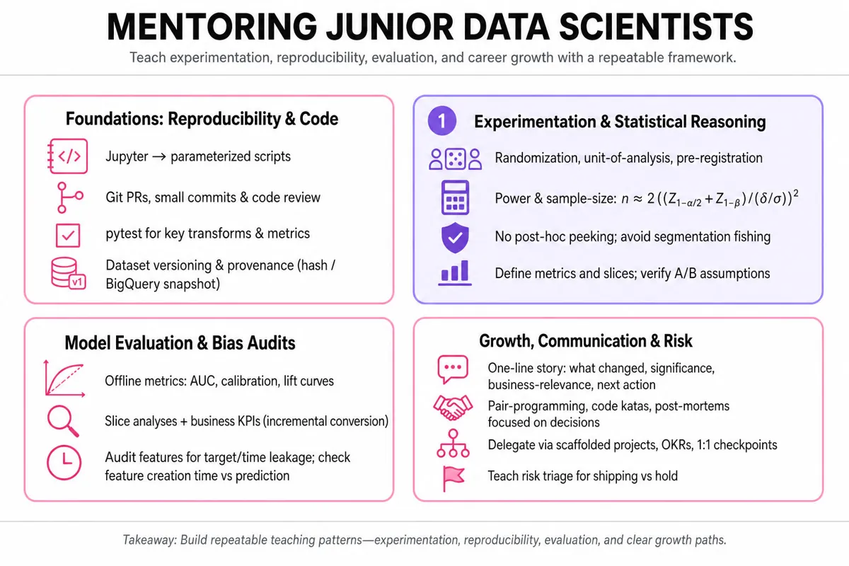 2x2 quadrant infographic: Foundations, Experimentation & Stats (highlighted), Communication & Impact, Growth & Risk, each with 3–4 checklist items and icons; takeaway footer.