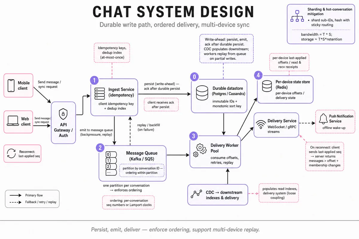 Left-to-right architecture infographic of a chat messaging pipeline: clients → API gateway → ingest/persist → Kafka topic → delivery workers → per-device state with WebSocket/gRPC and push notifications; CDC and dedup index shown; partitioning/ordering noted.