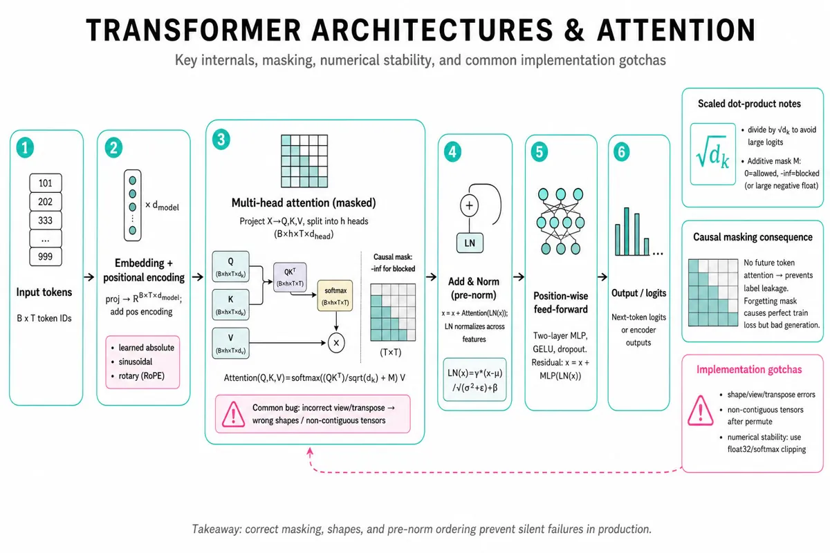 Landscape infographic: left-to-right transformer pipeline showing tokens → embeddings + pos enc → multi-head attention (Q,K,V, mask) → add & norm (pre-norm) → feed-forward → output; callouts for scaled dot-product, causal mask, layer norm, and positional encoding types.