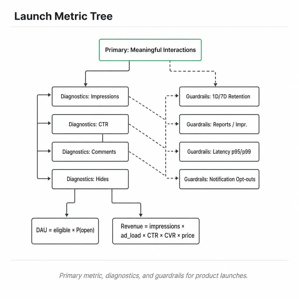 Hierarchical metric tree: top node 'Primary: Meaningful Interactions' highlighted green; drill-down diagnostics (Impressions, CTR, Comments, Hides); guardrails (1D/7D Retention, Reports, Latency, Opt-outs); decomposition nodes for DAU and Revenue.