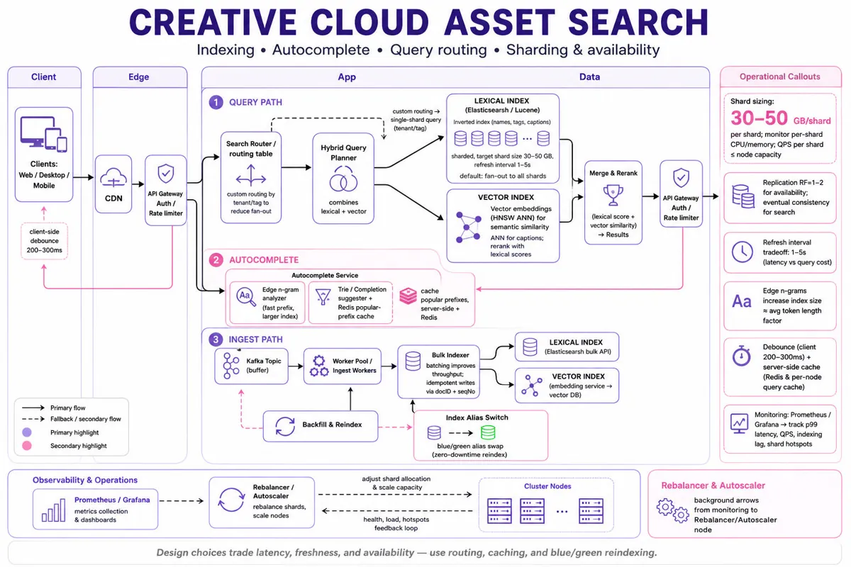 Landscape architecture infographic showing client/edge/app/data layers for Creative Cloud asset search: clients, API gateway, debounce, search router, autocomplete (Redis/trie, edge n-grams), ingestion (Kafka, workers, bulk indexer), lexical (Elasticsearch shards) and vector (HNSW) indexes, routing/