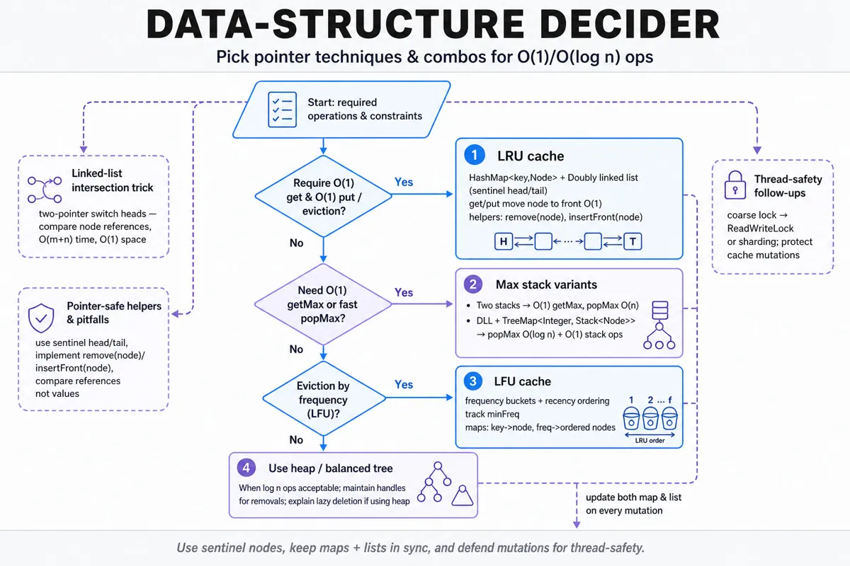 Top-to-bottom flowchart that guides which pointer-based data-structure combo to use (LRU, MaxStack, LFU, heap/tree) with side notes for linked-list intersection and thread-safety.