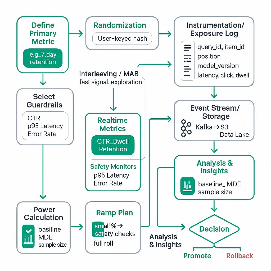 Flowchart of ranking A/B test: metric selection → user-level randomization → serving → instrumentation/logging → event stream → ETL → debiasing & analysis → power calc & guardrails → ramping & decision.