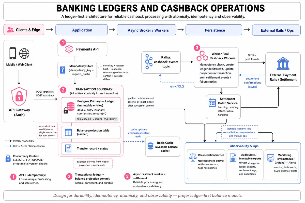 Landscape editorial infographic showing a boxes-and-arrows architecture for transactional banking ledgers and cashback: API gateway, idempotency store, Postgres ledger+balance projection, Redis cache, Kafka cashback topic, worker pool, external rails, reconciliation and monitoring.