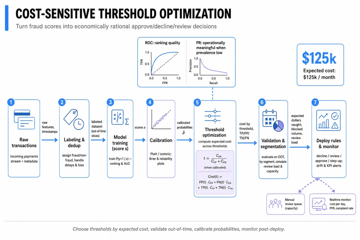 Landscape infographic: horizontal ML pipeline from raw transactions to deployed decision rules and monitoring, showing stages: labeling, model, calibration, threshold optimization (cost formulas), validation, deployment, and monitoring.
