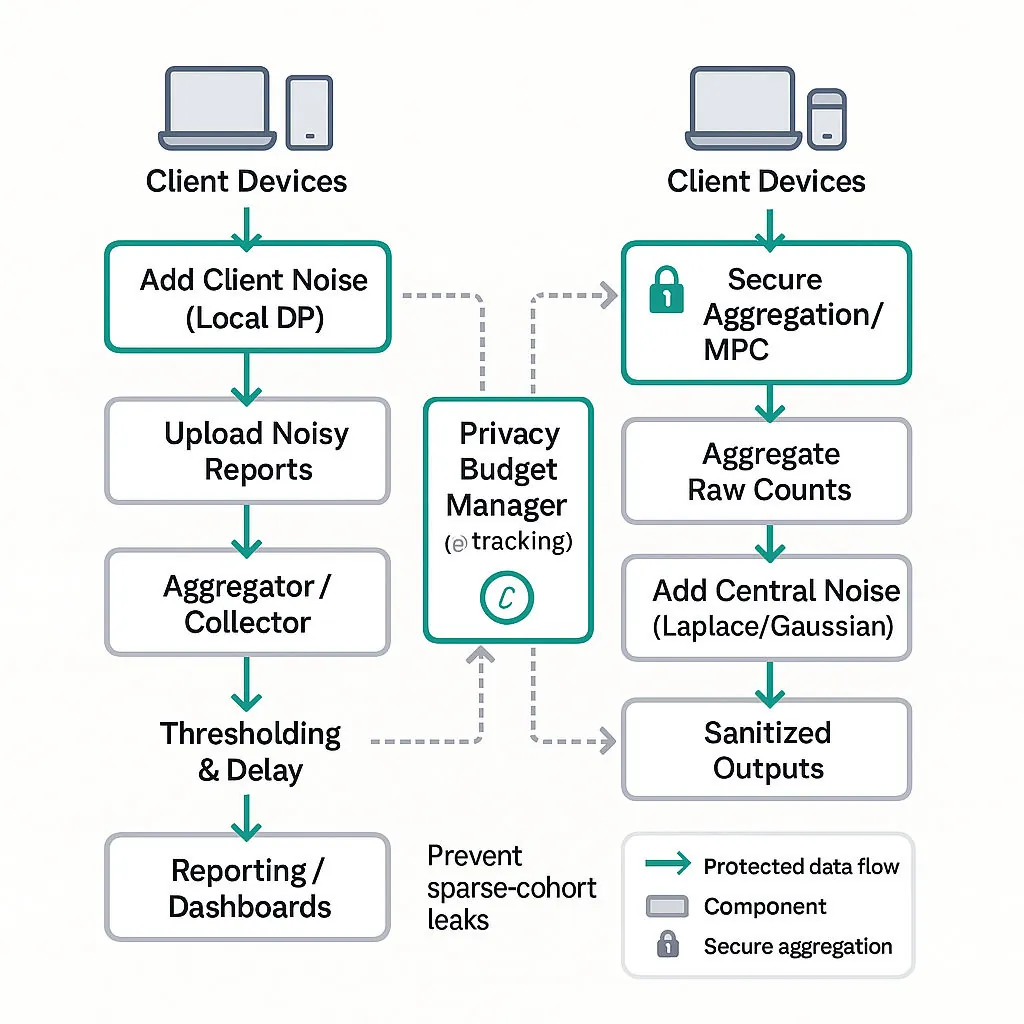Side-by-side system diagram: Local DP path (client-side noise) vs Central DP path (secure aggregation + central noise), with Privacy Budget Manager, sensitivity, thresholding, and dashboard outputs.