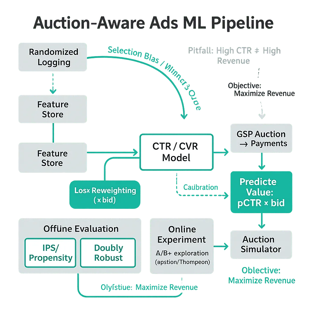 Diagram of auction-aware ads ML pipeline: logged biased data → model (pCTR/pCVR) + calibration + loss reweighting → pCTR×bid → GSP auction ranking → payments, with counterfactual eval and online experiment feedback loop.