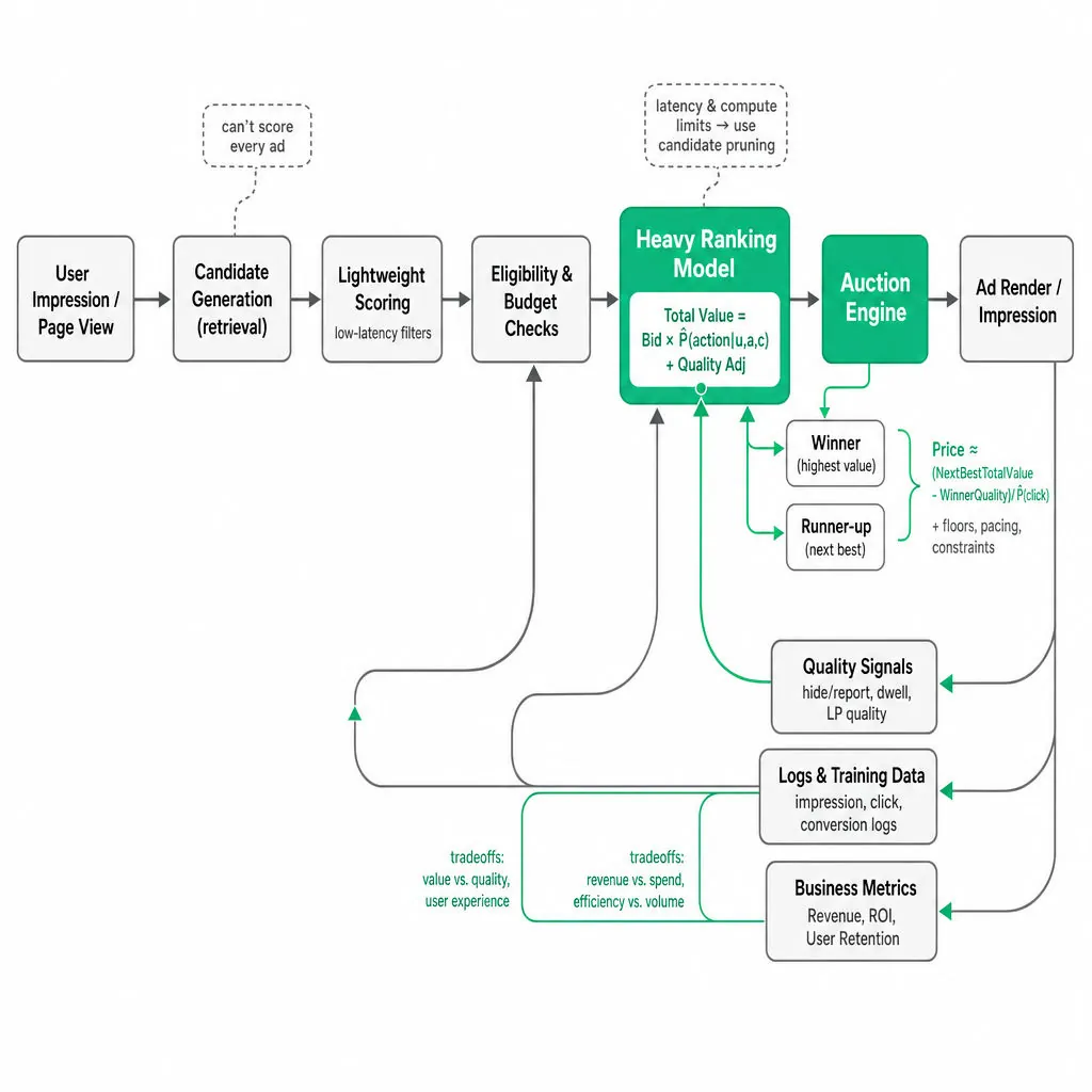 Diagram of Meta ads delivery: candidate retrieval → lightweight scoring → eligibility → heavy ranking (Total Value formula) → auction engine (winner & price calc) → ad render, with feedback loops to quality signals, training data, and business metrics.