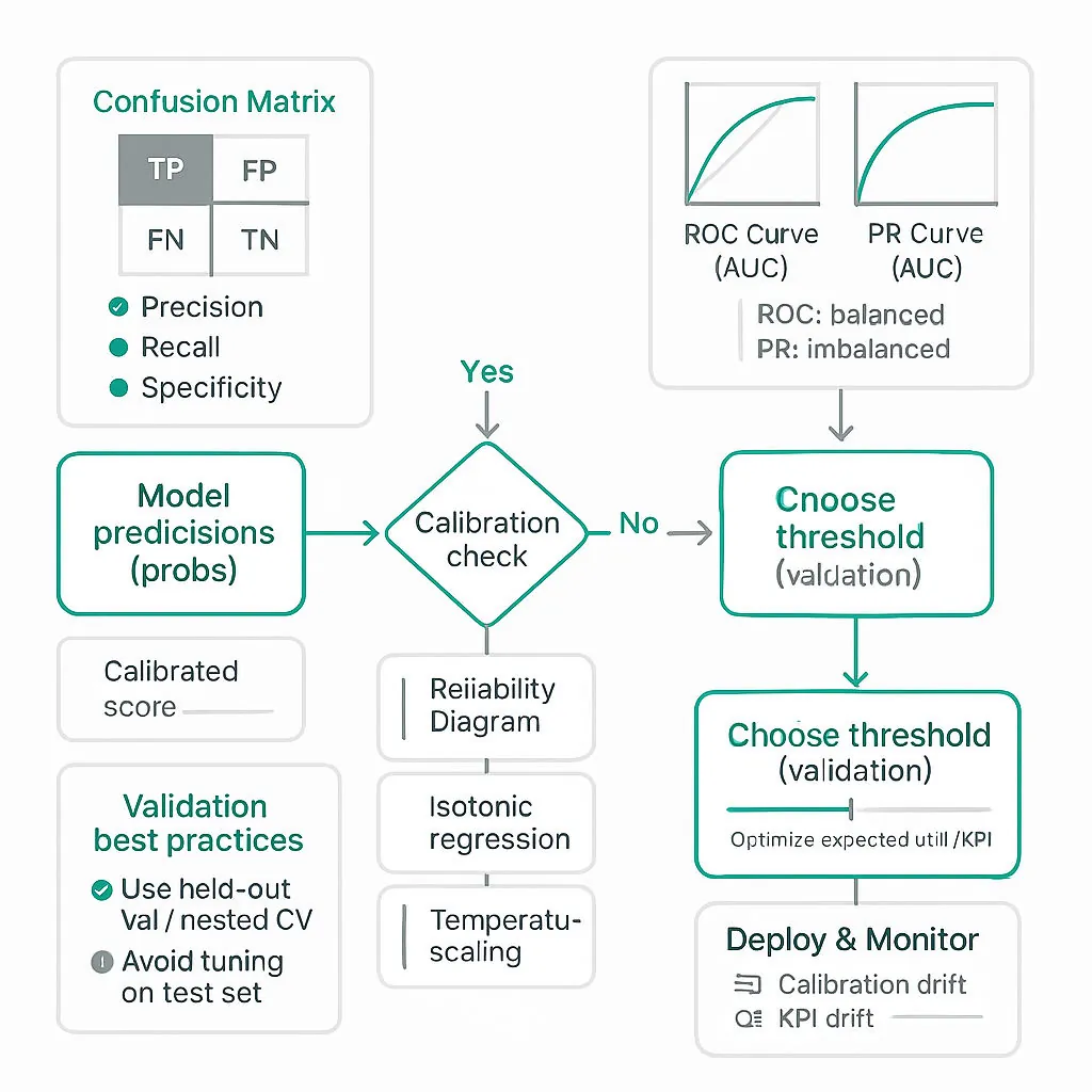 Square educational diagram: pipeline for classifier evaluation showing confusion matrix, ROC/PR plots, reliability diagram, calibration methods, threshold sweep, and monitoring.