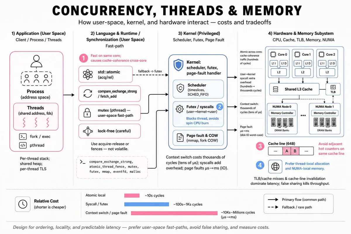 Left-to-right architecture infographic showing application threads -> runtime/synchronization -> kernel (futex, scheduler, page fault) -> hardware (CPU cores, caches, TLB, NUMA, RAM) with arrows and latency callouts.
