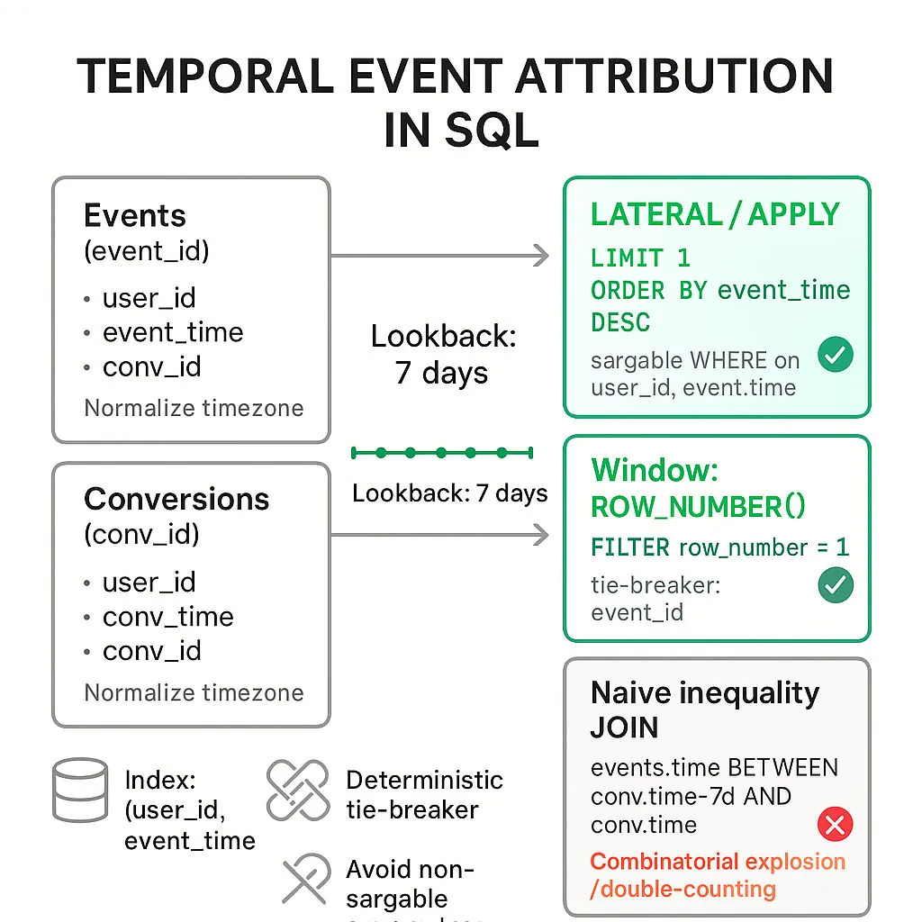 Flowchart showing conversion rows matched to event rows: two correct approaches (LATERAL LIMIT 1, ROW_NUMBER() filter) highlighted in emerald, and a naive inequality join marked wrong; includes 7-day lookback timeline, index and timezone normalization badges.