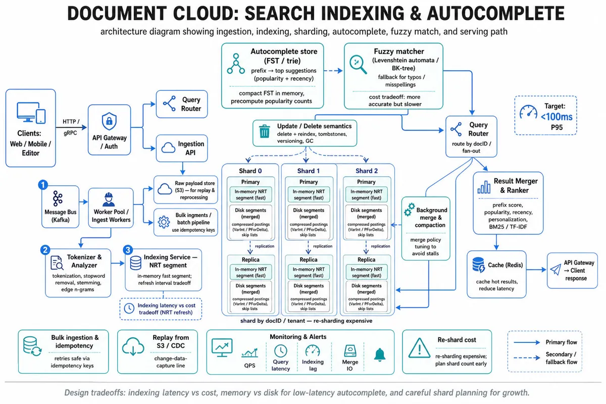 Landscape architecture infographic of a document search system: ingestion (Kafka, S3), indexing pipeline (tokenizer, NRT in-memory segment, disk segments), shards & replicas, FST autocomplete, fuzzy matcher, query path and merge/compaction, with arrows and short labels.
