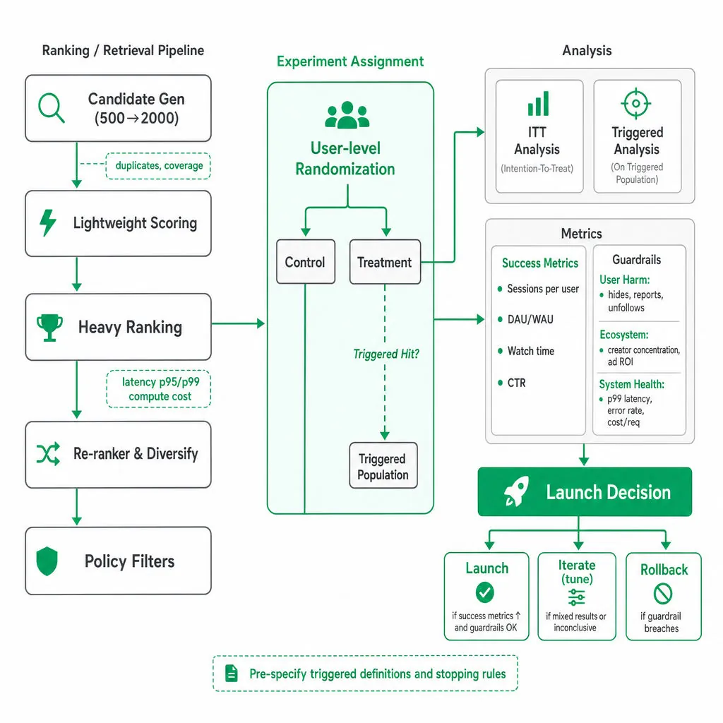 Square diagram of a retrieval/ranking A/B test pipeline showing stages (candidate gen → scoring → ranking → re-rank → filters), user-level randomization, ITT vs triggered analysis, success metrics, guardrails, and launch decision.